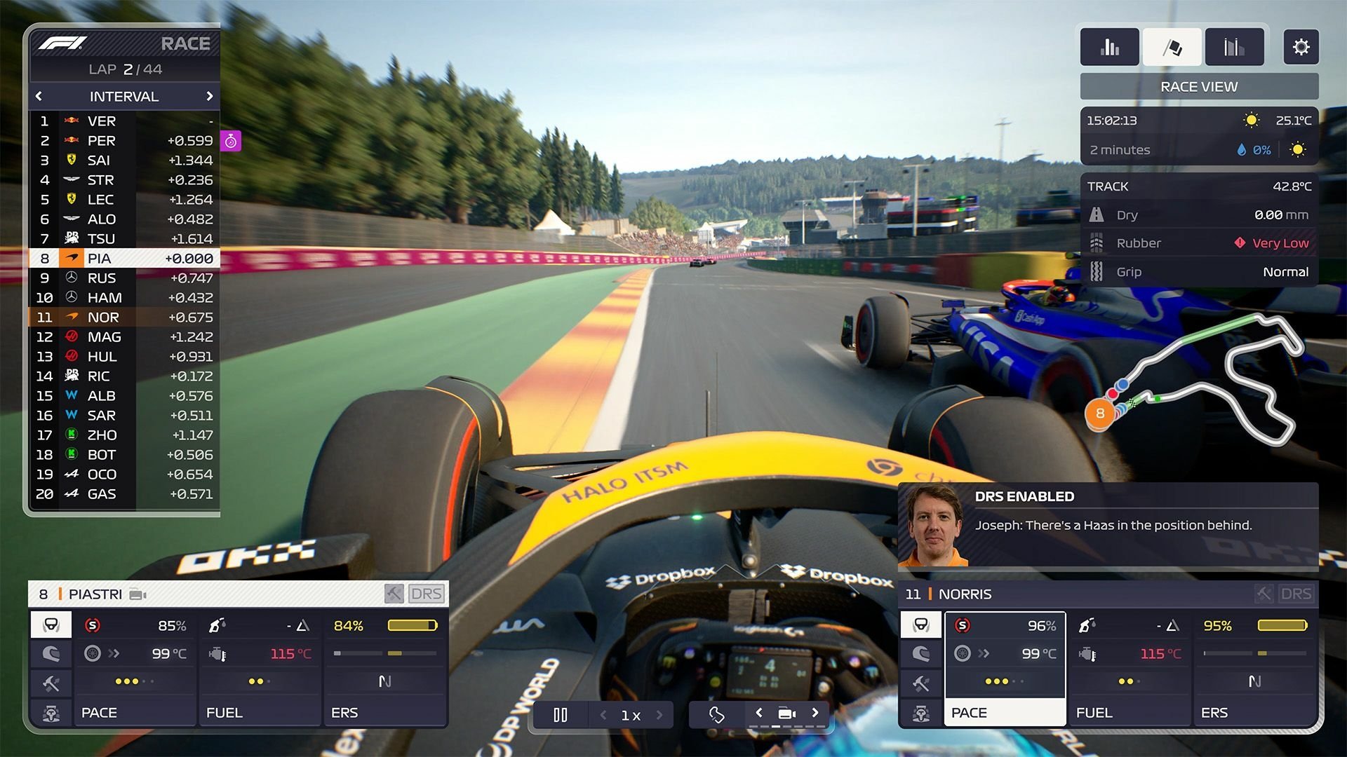 A dynamic scene from F1 Manager 2024, showcasing an intense race with detailed statistics and graphics, highlighting the clash between competitive racing teams on the track.
