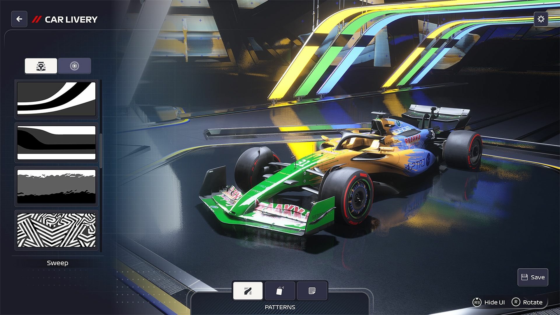 A vibrant racing car from F1 Manager 2024, showcased with colorful design options in a dynamic garage setting, highlighting customization features.