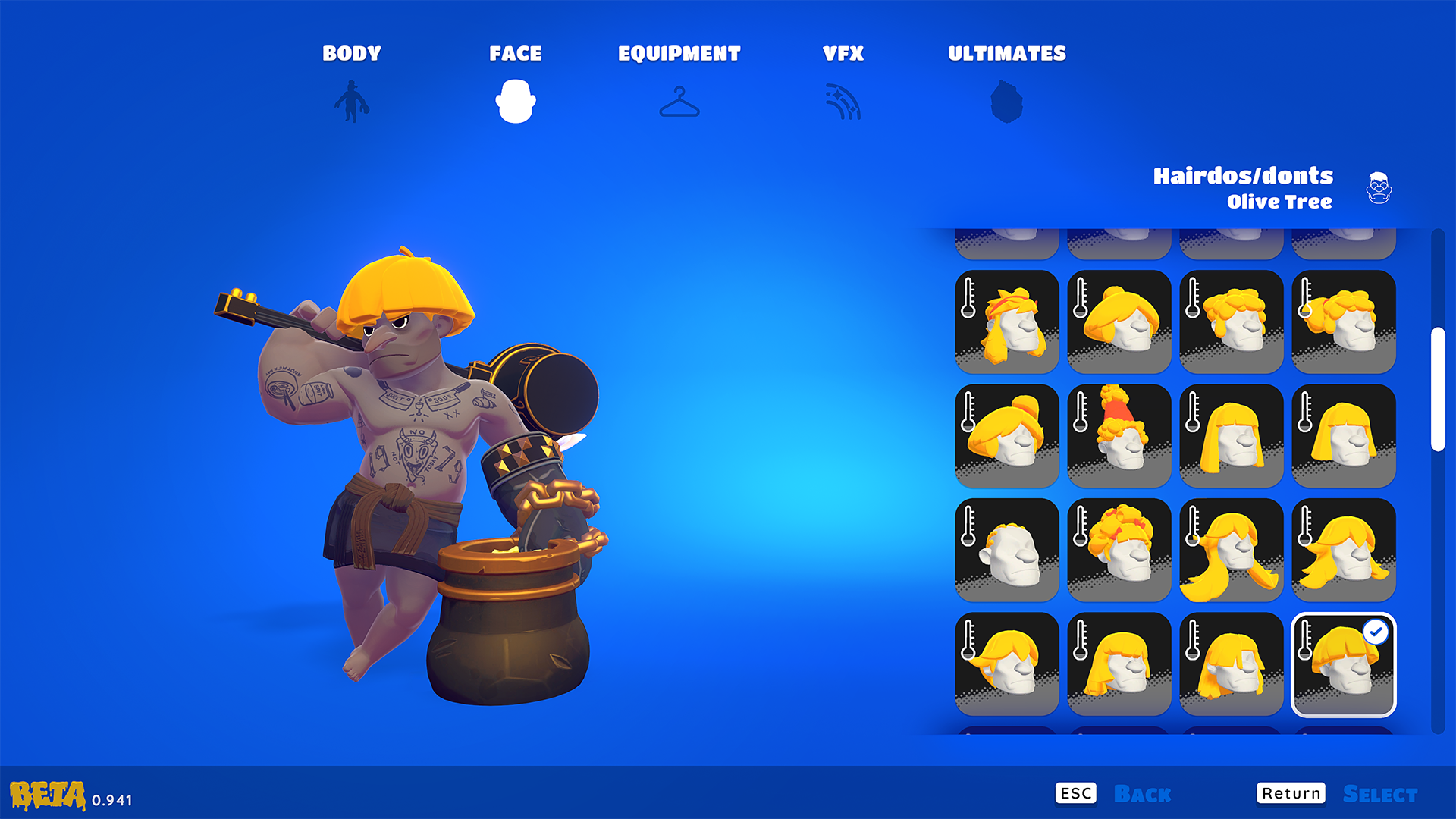 A screenshot from the video game RAWMEN: Food Fighter Arena, showcasing a character customization screen with various hairstyle options labeled Olive Tree. An equipped character stands next to a cauldron.