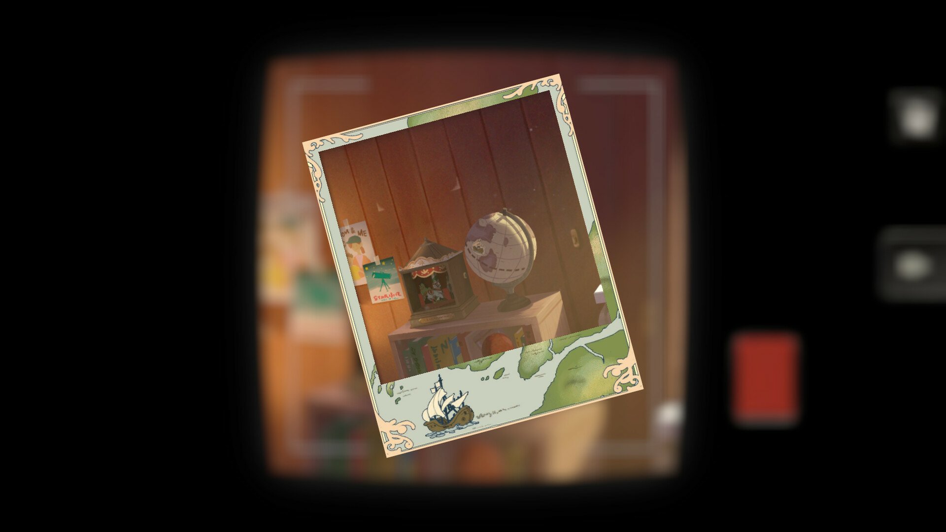 A cozy interior scene from the video game The Star Named EOS, featuring a framed photo on a table, hinting at exploration and adventure within the game's charming environment.