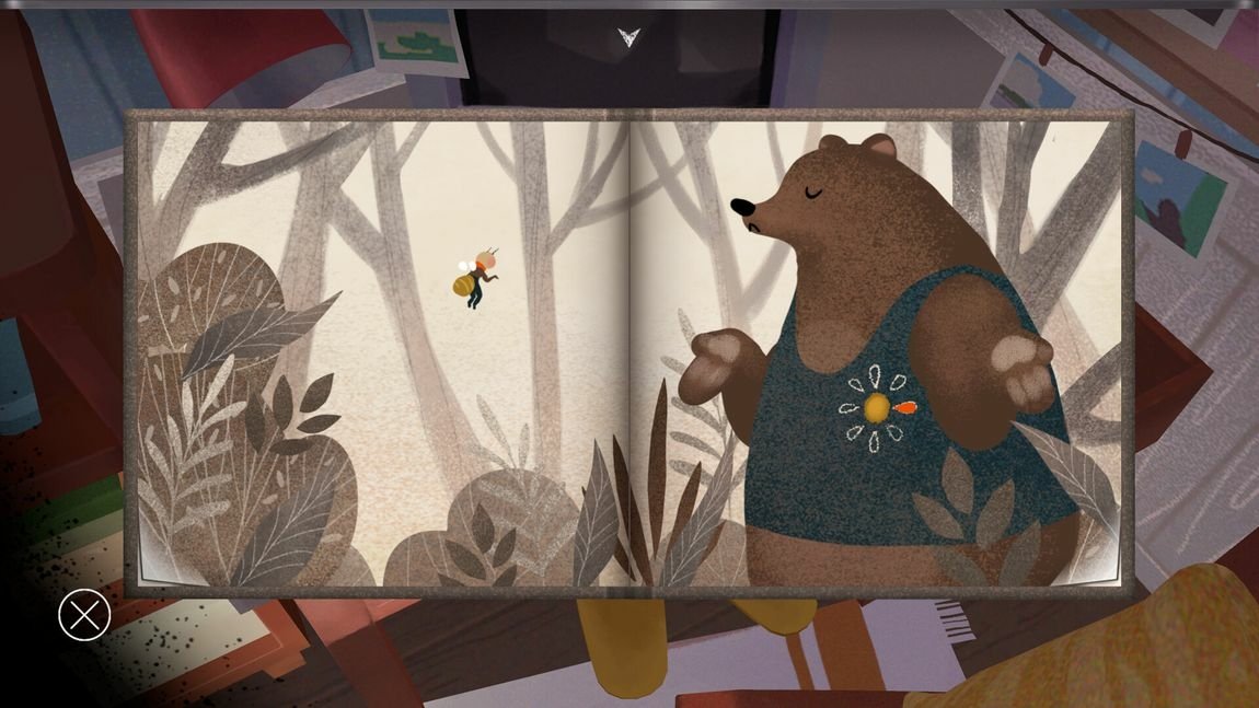 An illustration from the video game The Star Named EOS, featuring a bear in a cozy setting, interacting with a small bee amidst a stylized, nature-inspired background.
