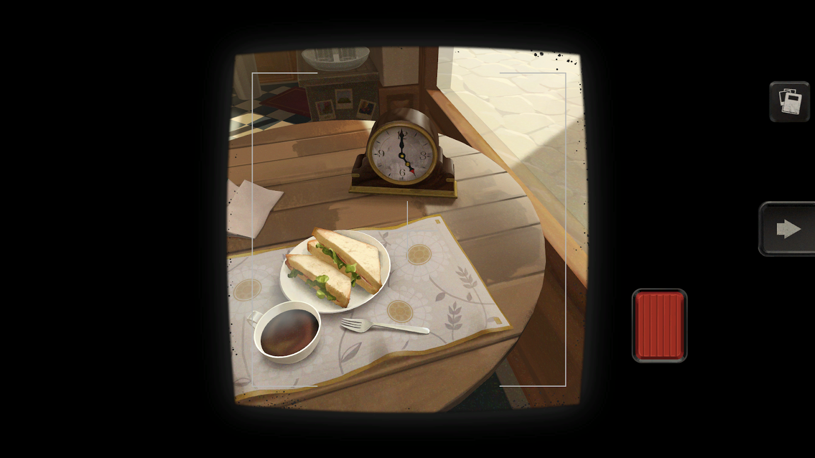 A cozy scene from the video game The Star Named EOS, featuring a wooden table with a sandwich, a cup of coffee, and an antique clock, capturing a moment of tranquility.