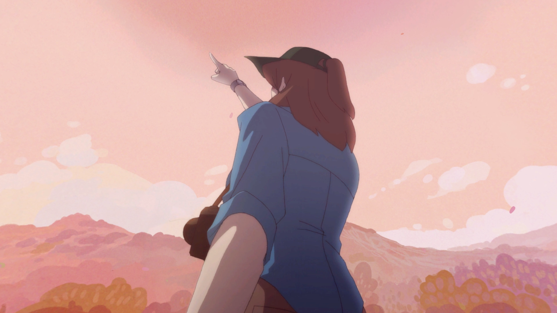 A character from the video game The Star Named EOS stands with their back to the viewer, pointing at the sky amidst a colorful, serene landscape at sunset.