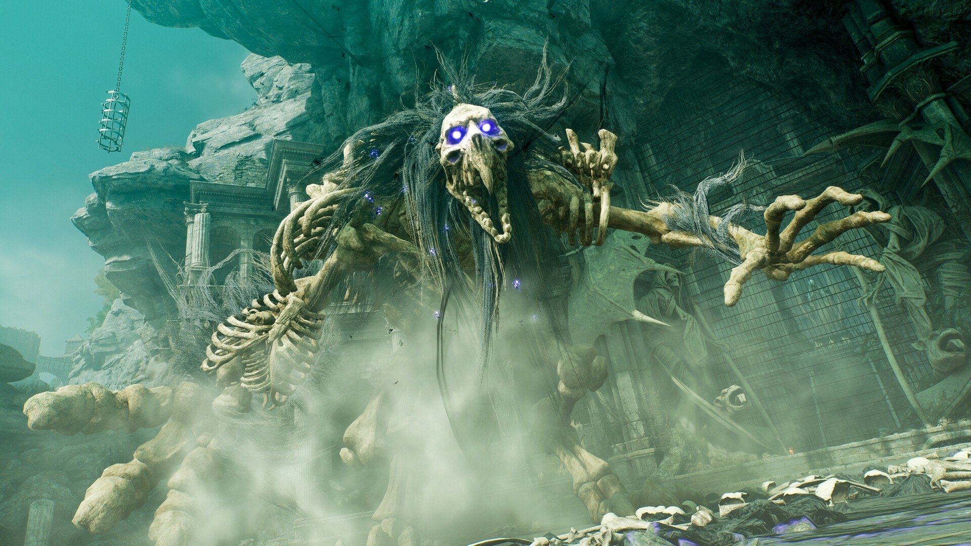 A menacing skeletal creature emerges from the mist in the world of the video game Throne and Liberty, showcasing intricate details and a dark, atmospheric environment.