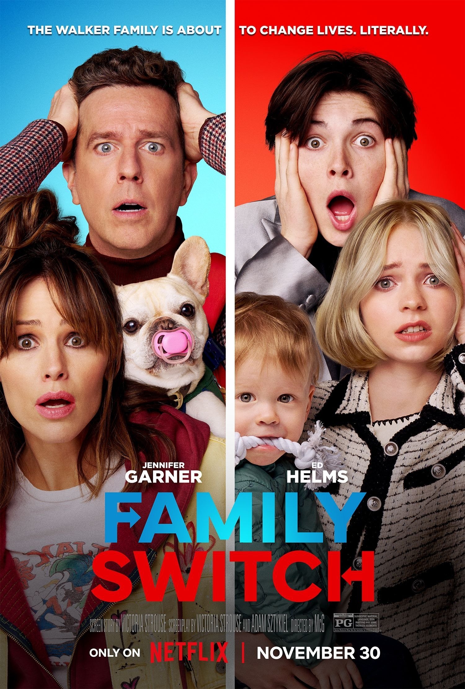 The poster for the movie Family Switch features the Walker family, highlighting a comedic twist as they face life-changing events, starring Jennifer Garner and Ed Helms.