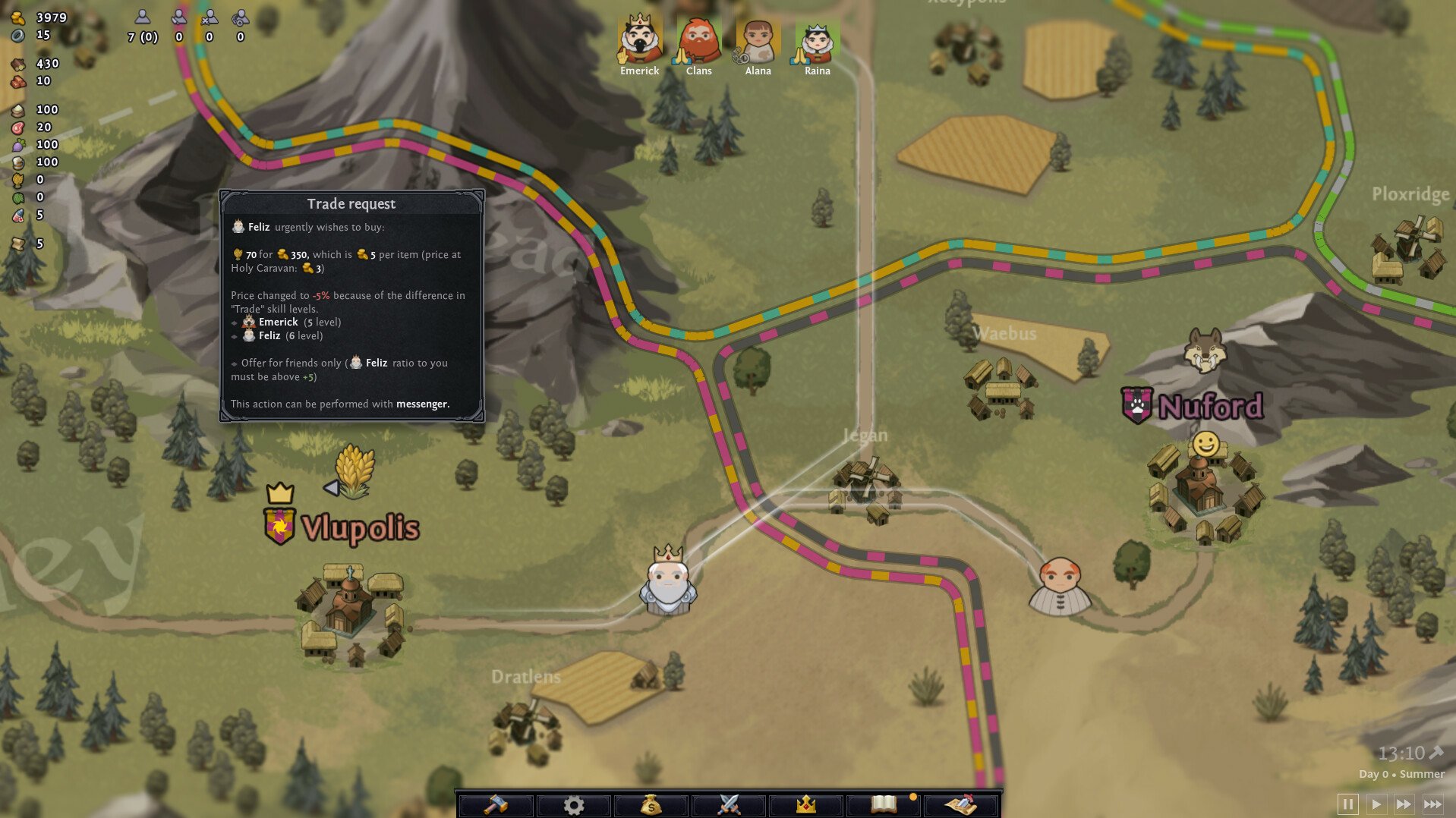 A strategic map from the video game Norland, featuring various towns, roads, and trade impacts displayed, inviting exploration and tactical planning.