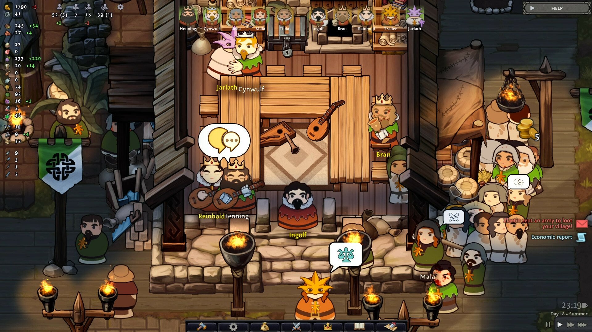 A lively scene from the video game Norland, showcasing characters interacting in a tavern, with musicians performing and a bustling crowd enjoying the atmosphere.