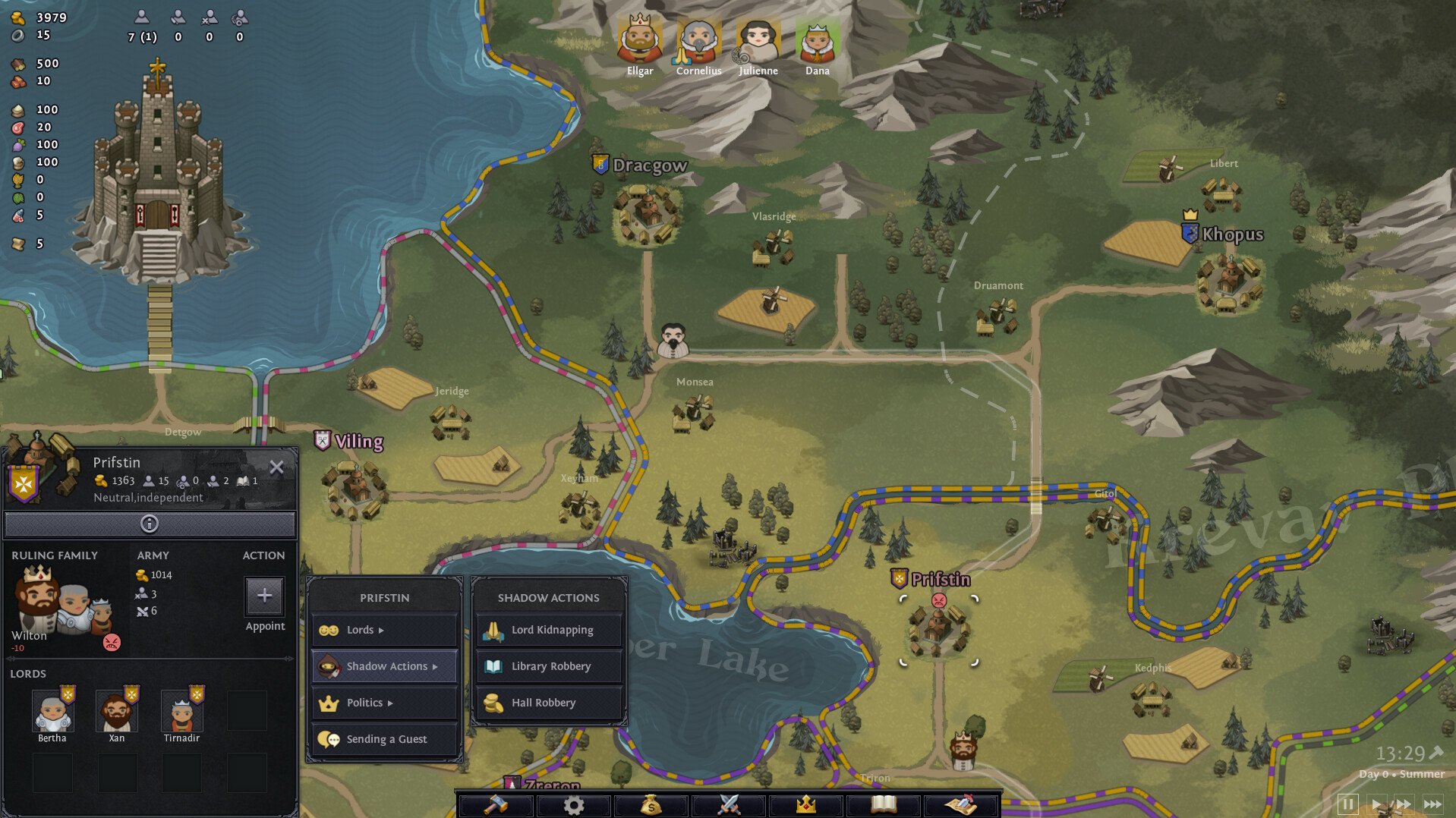 A strategic map from the video game Norland, featuring a landscape with various settlements, resources, and a coastal area, highlighting gameplay elements and character information. 