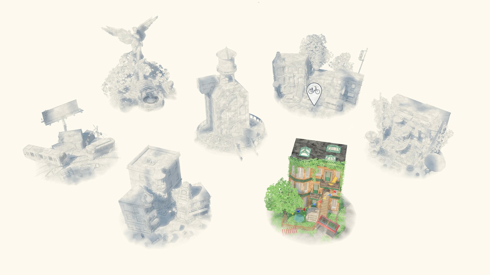 A vibrant selection of game environments from the video game Été (2024), featuring various architectural designs and a lively centerpiece surrounded by less distinct structures.