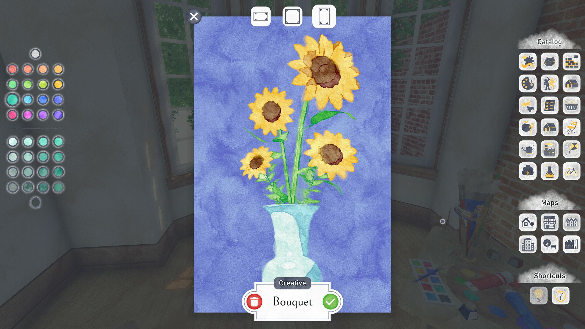 A vibrant digital artwork featuring sunflowers in a vase, set against a textured blue background. This piece is part of the video game Été (2024).
