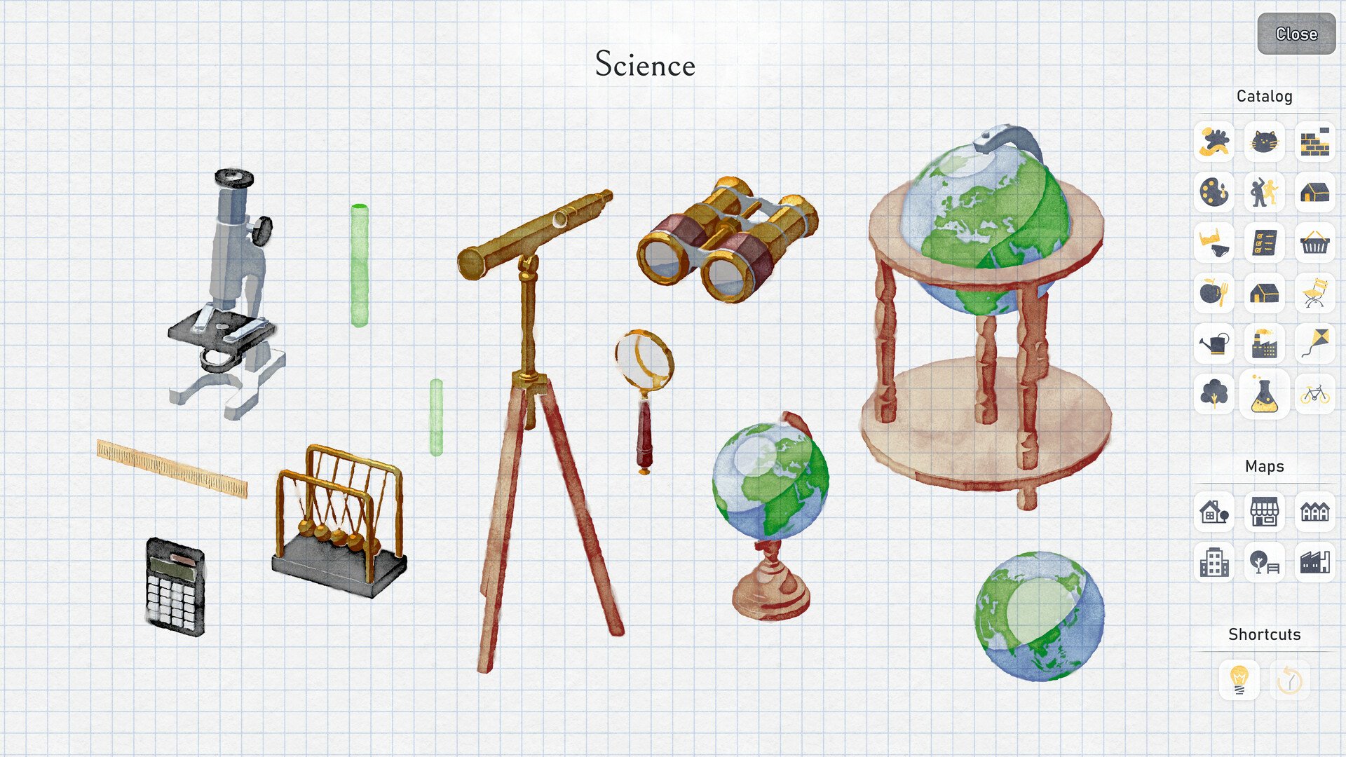 A collection of science-themed items including a microscope, telescope, and globes, featured in the video game Éte (2024). The design highlights exploration and discovery in science.