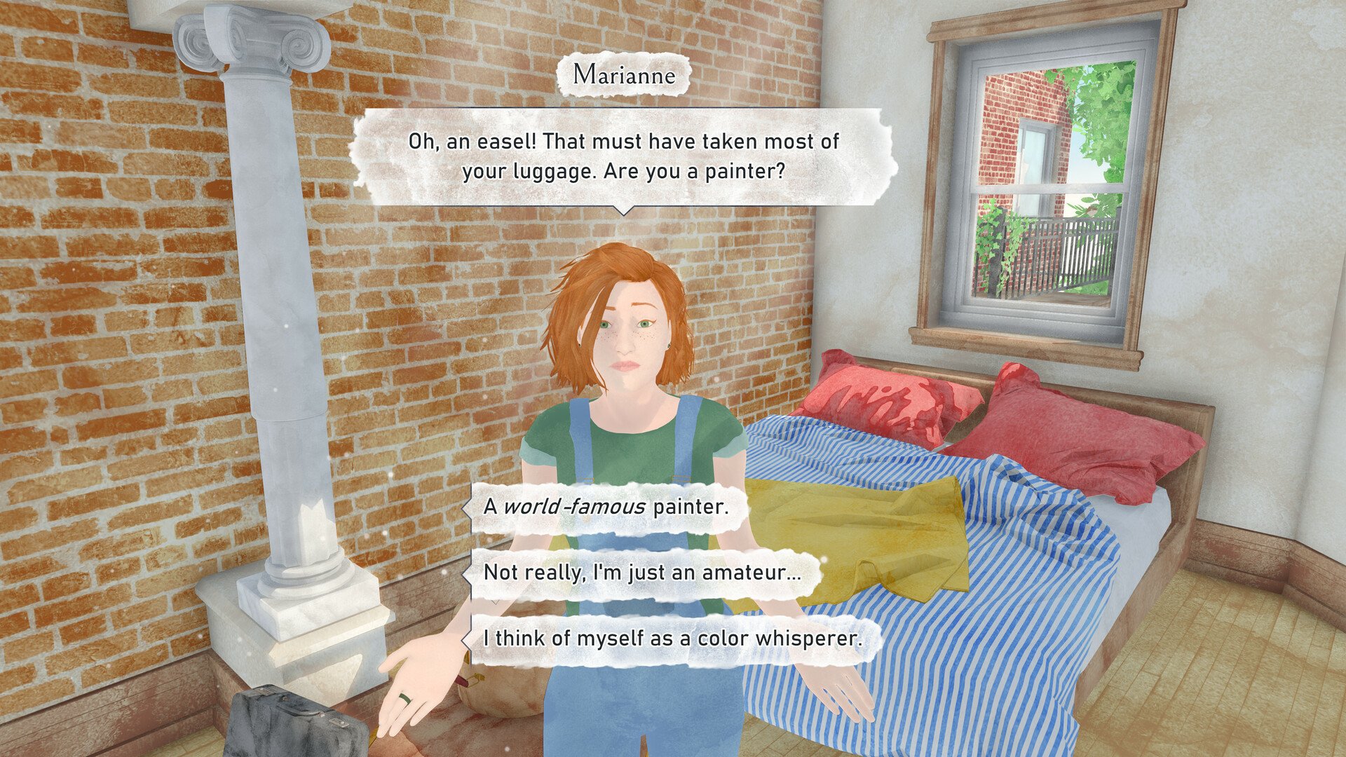 A character named Marianne converses in a cozy room, discussing her travel and painting experiences, set in the context of the video game Été (2024).