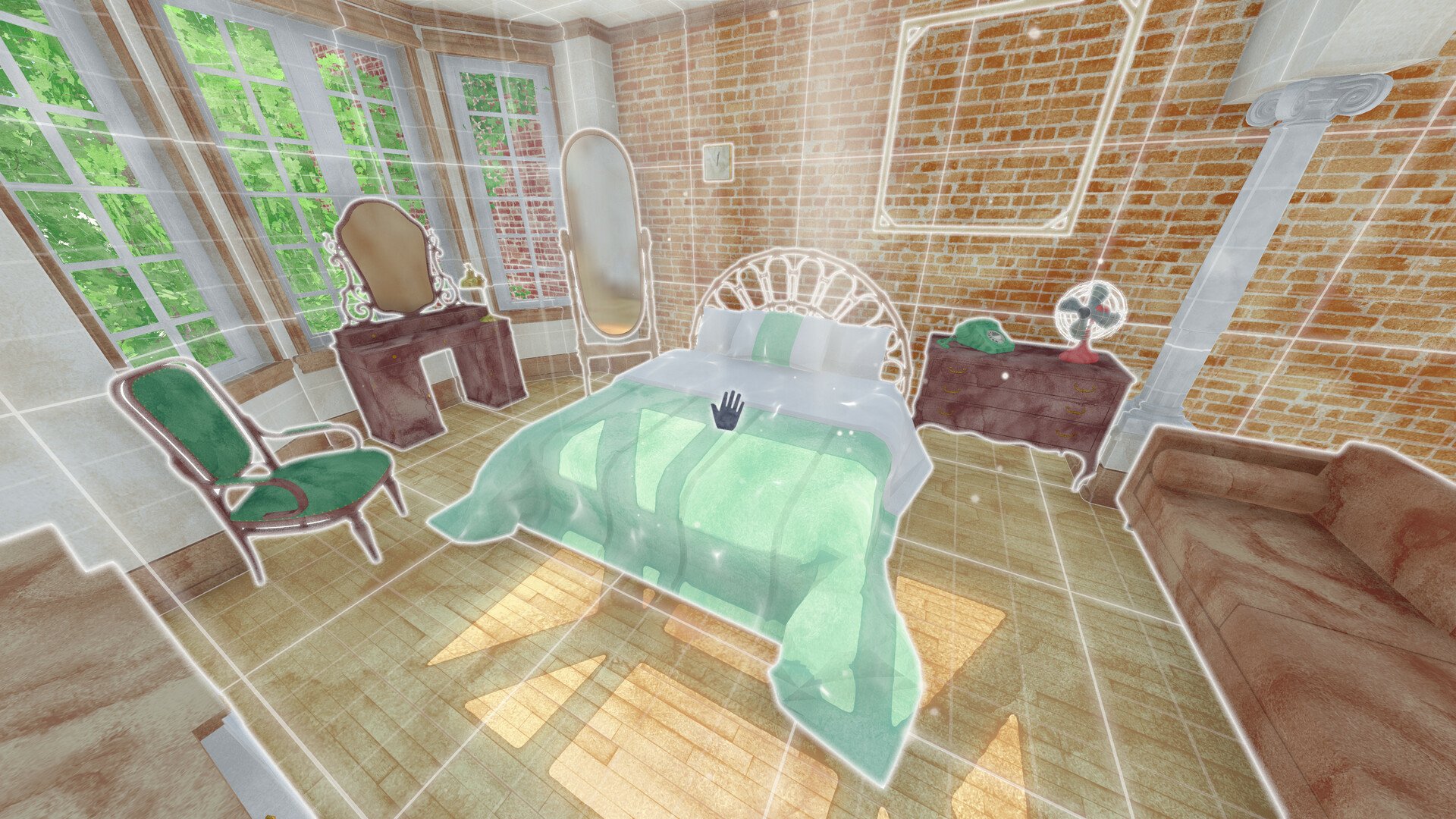 A digitally rendered bedroom featuring a bed with a light green blanket, vintage furniture, and large windows, showcasing an artistic style for the video game Été (2024).