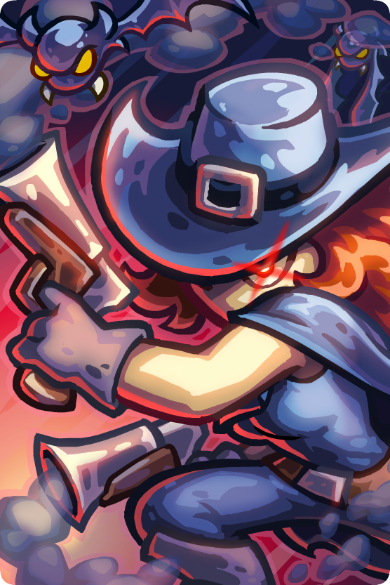 A character from Kingdom Rush 5: Alliance brandishes a gun, ready for action amidst shadowy enemies, showcasing a dynamic and colorful battle scene.