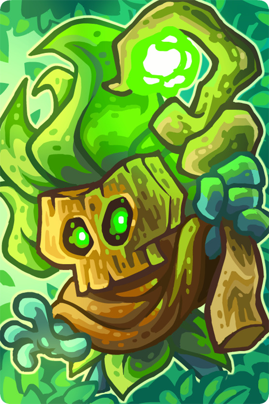 A whimsical creature from Kingdom Rush 5: Alliance, featuring a wooden mask with glowing green eyes, surrounded by vibrant, leafy flora in a magical forest setting.