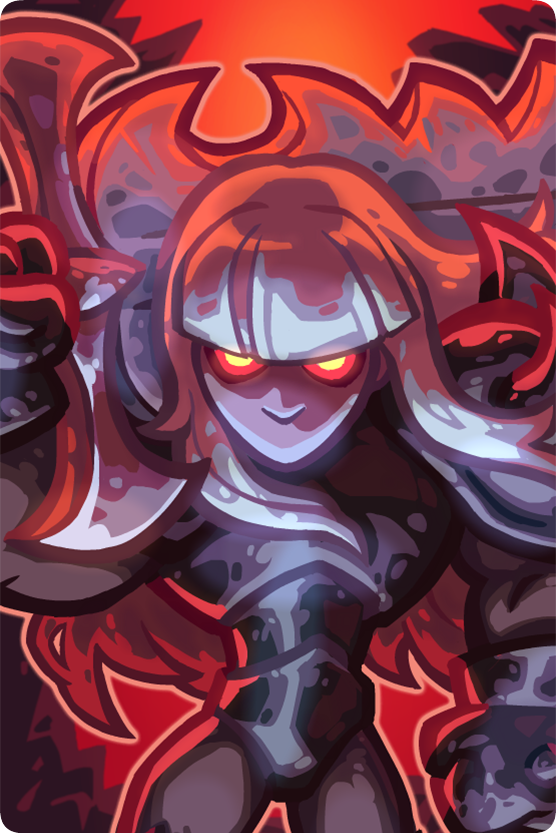 A fierce character from Kingdom Rush 5: Alliance, featuring striking red eyes and dynamic hair, stands in a powerful pose against a dark, fiery background.