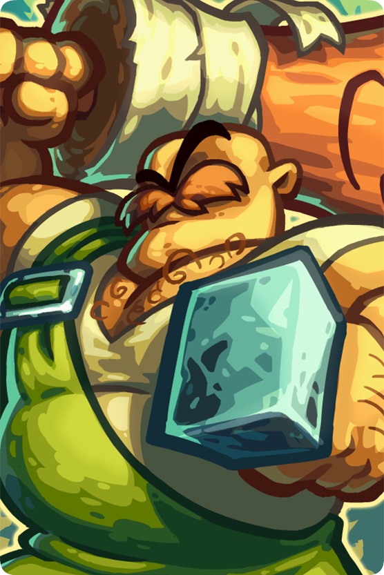 A muscular character wielding a large hammer and wearing green overalls from the video game Kingdom Rush 5: Alliance, ready for battle with a determined expression.