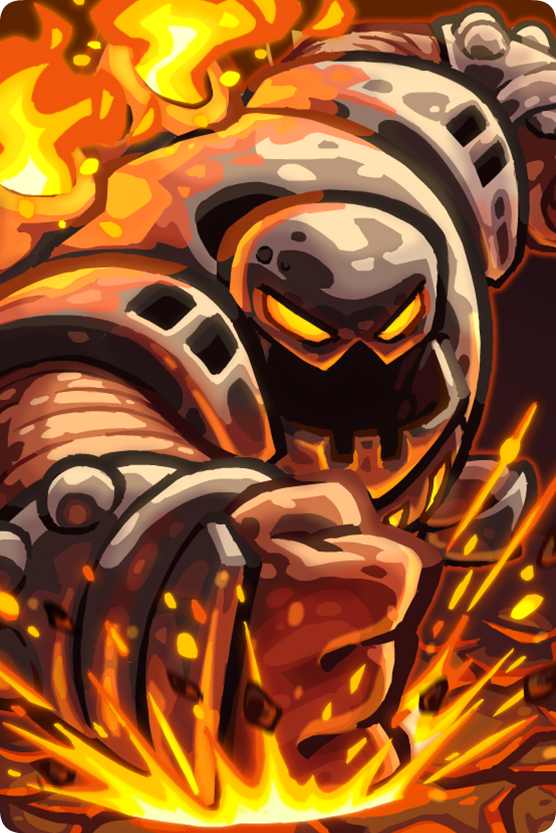 A powerful character from the video game Kingdom Rush 5: Alliance, launching an attack amidst flames and explosions, showcasing a dynamic and intense battle scene.