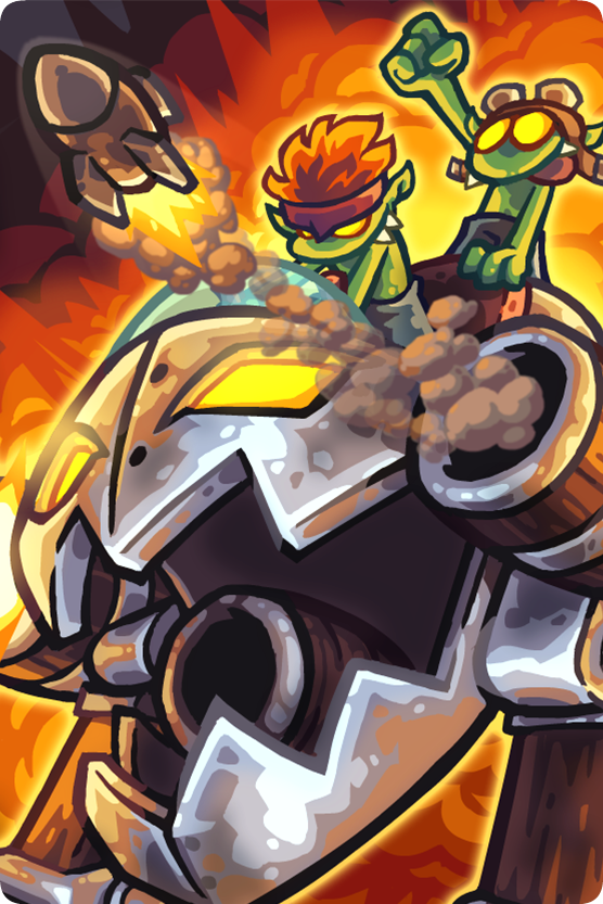 A character from Kingdom Rush 5: Alliance rides a powerful mech, launching a rocket amidst fiery explosions, showcasing a dynamic scene of action and adventure.