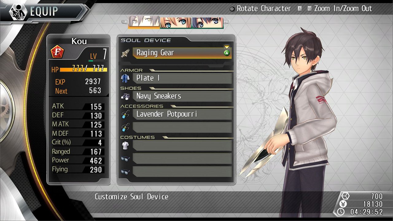 Character customization screen from the video game Tokyo Xanadu eX+, featuring the character Kou with various stats and equipment displayed.