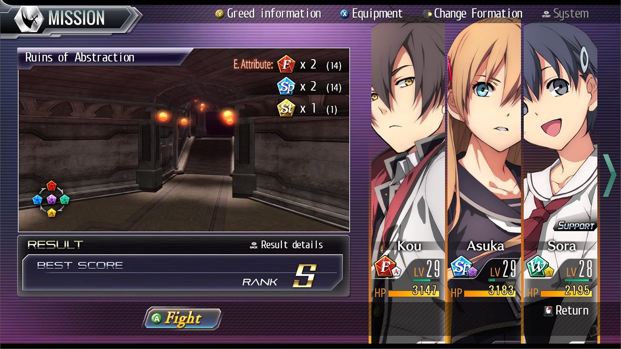 In this Tokyo Xanadu eX+ image, players view the Ruins of Abstraction mission details alongside character stats for Kō, Asuka, and Sora, showcasing gameplay elements and rankings.