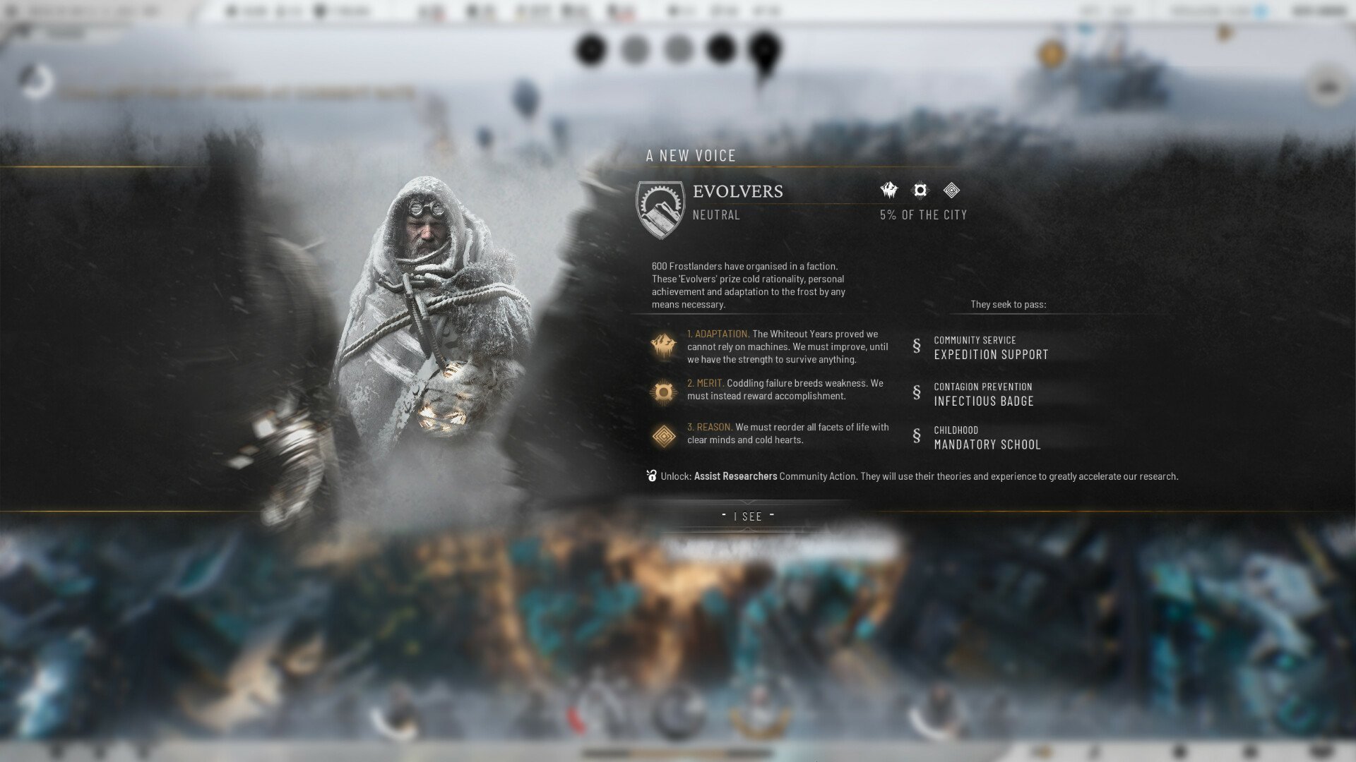 An interface from Frostpunk 2 featuring a character in a hooded cloak, displaying stats and abilities against a dark, foreboding landscape.