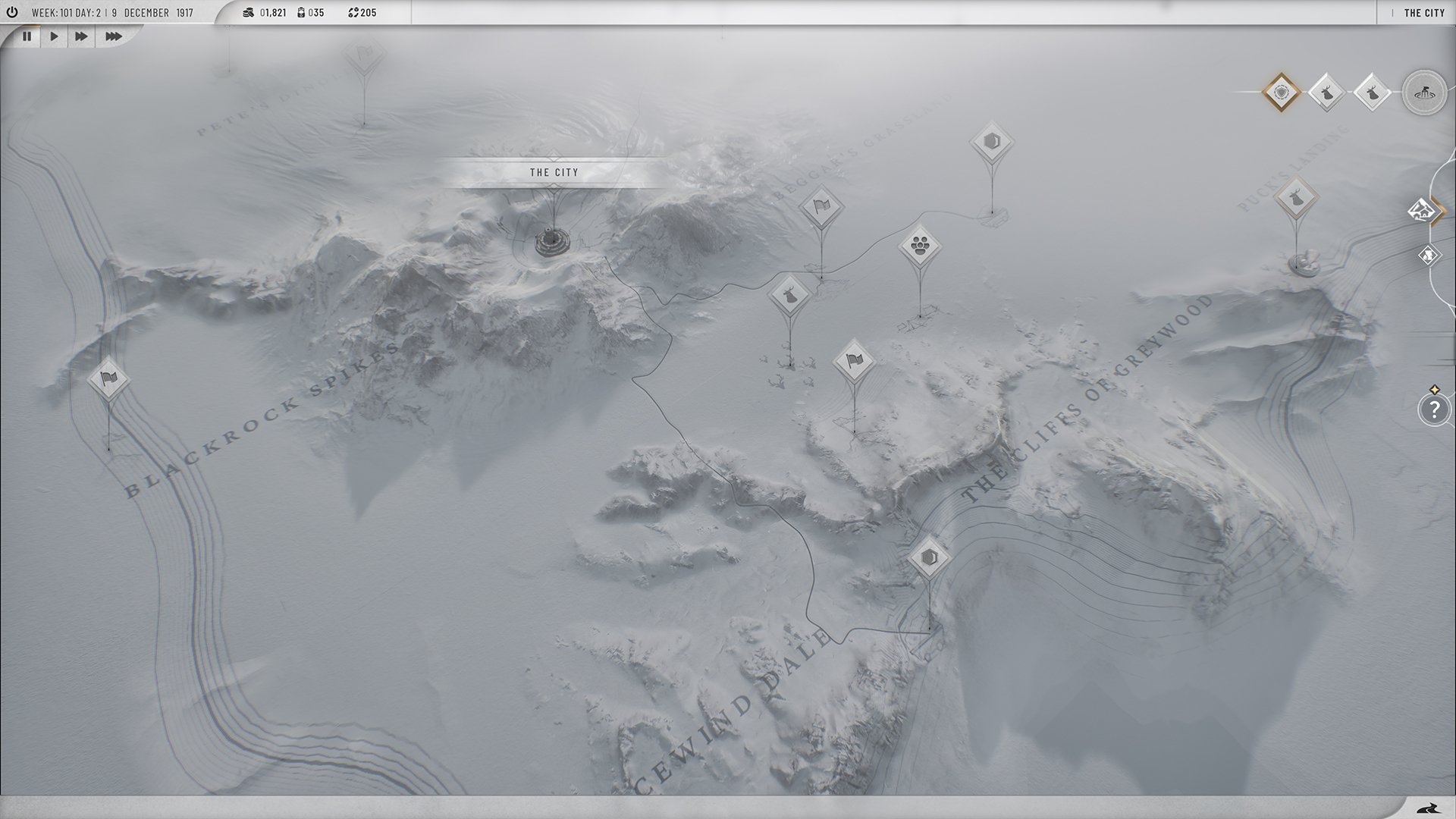A detailed map interface from the video game Frostpunk 2, showcasing snow-covered terrain and marked locations for exploration and strategy.