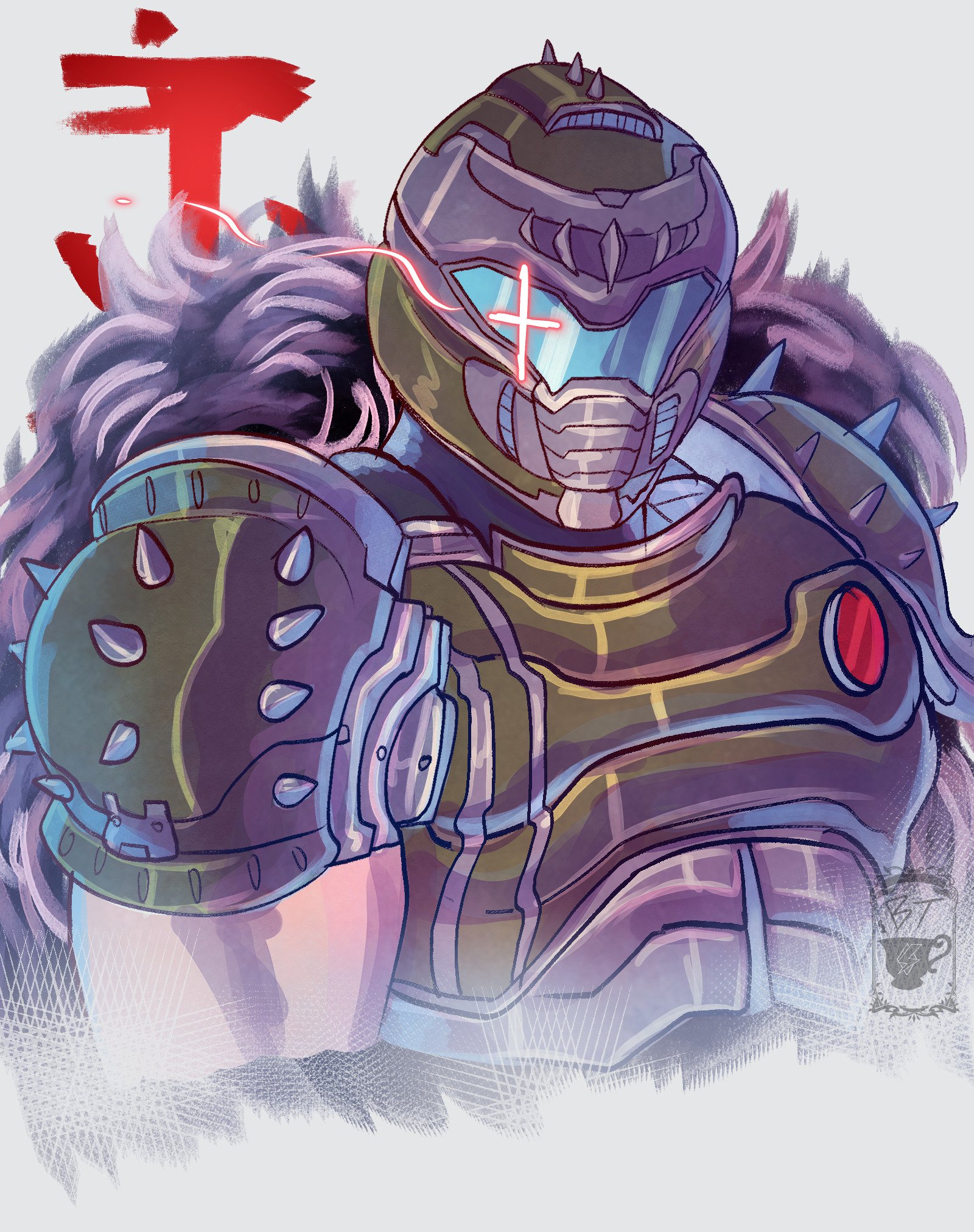 A stylized character from the video game DOOM: The Dark Ages, wearing a spiky armored suit and a futuristic helmet, stands confidently against a light background.