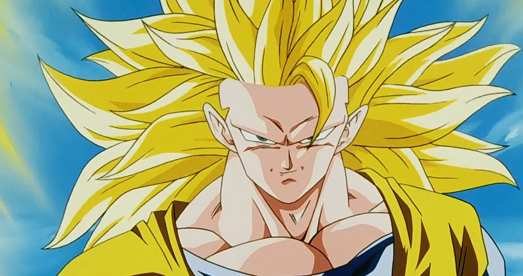 Goku in his powerful Super Saiyan 3 form with long golden hair and intense expression against a bright blue sky background.