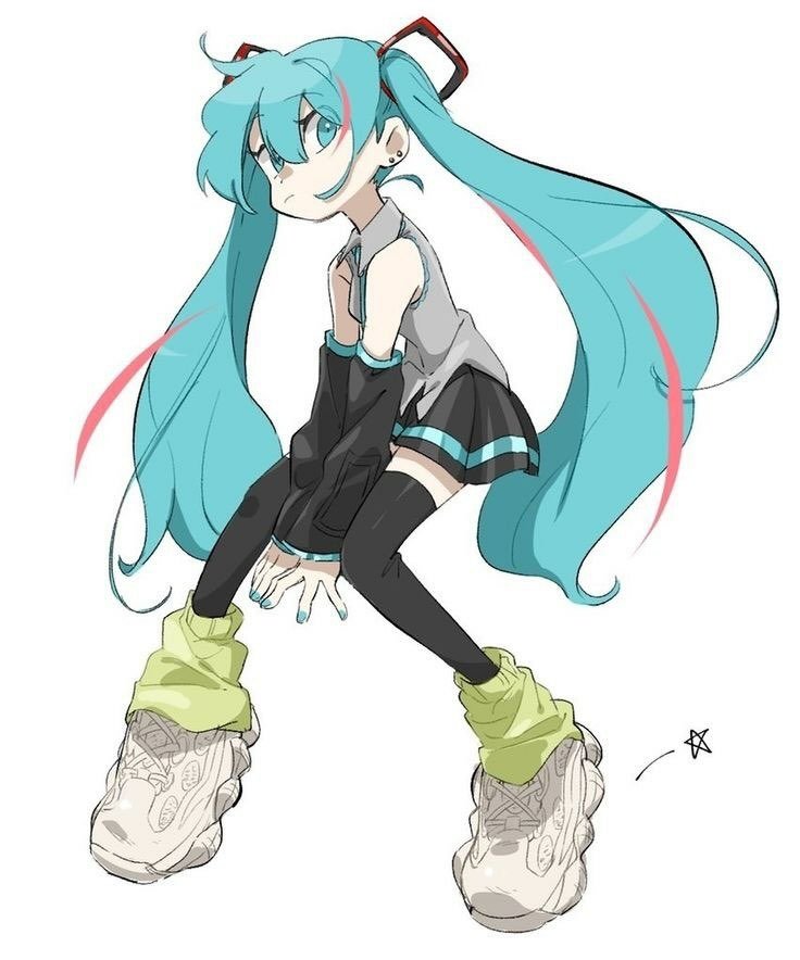 A dynamic illustration of Hatsune Miku with long turquoise twin-tails, wearing her signature outfit and oversized sneakers, striking a playful pose.