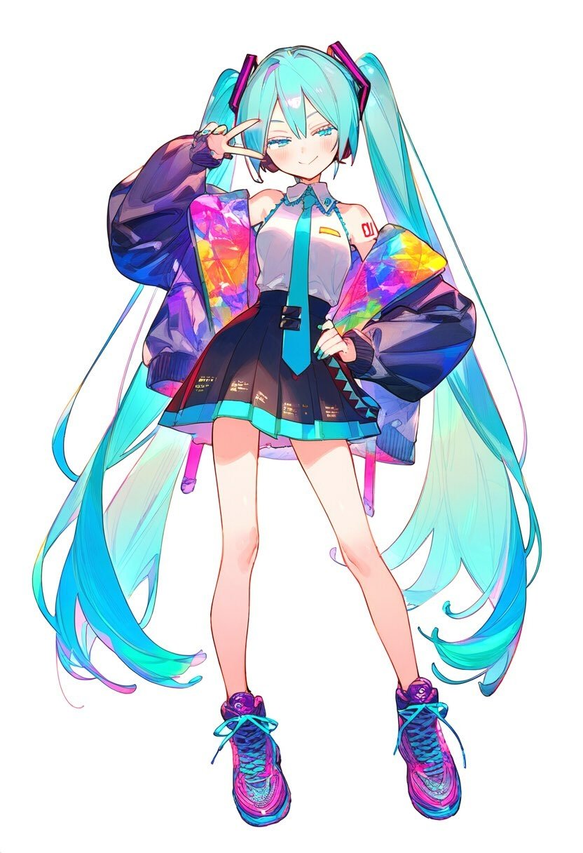 Illustration of Hatsune Miku with long turquoise twin tails, wearing a colorful holographic jacket, a black skirt, and vibrant sneakers, striking a confident pose.