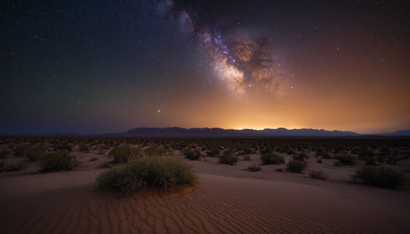 A vast desert landscape under a starry night sky, with the Milky Way visible above distant mountains, captured in a serene Wallpaper Abyss scene.