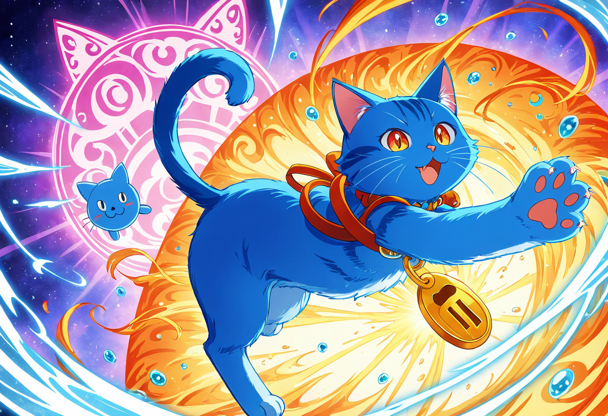 Vibrant anime-style artwork features a playful blue cat with glowing eyes and a red collar, set against a dynamic fiery and neon-lit background, tagged as Wallpaper Abyss.