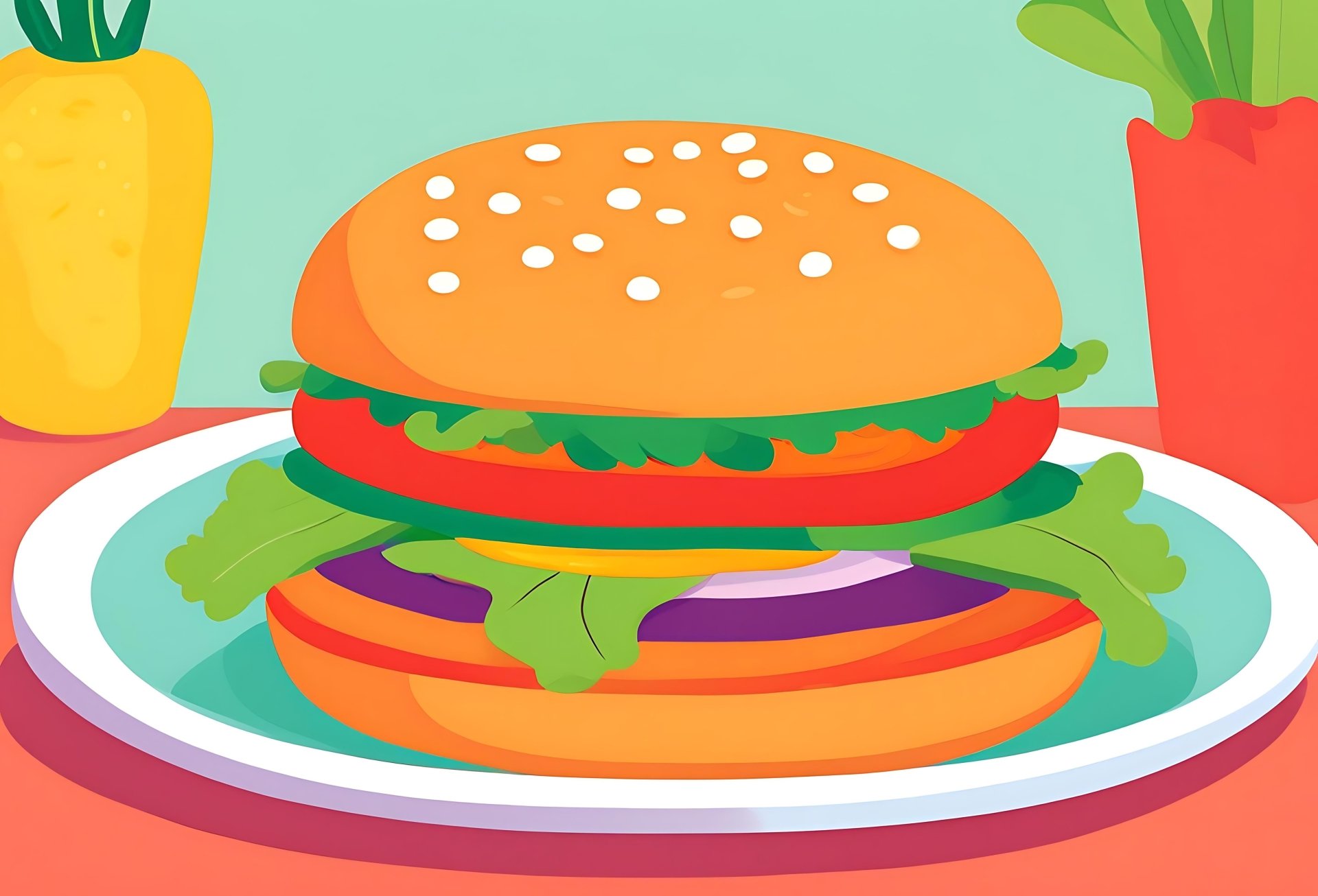 hamburger on a plate, a Vegetable Burger on Plate with playful design by MohammadTowhidulIslam