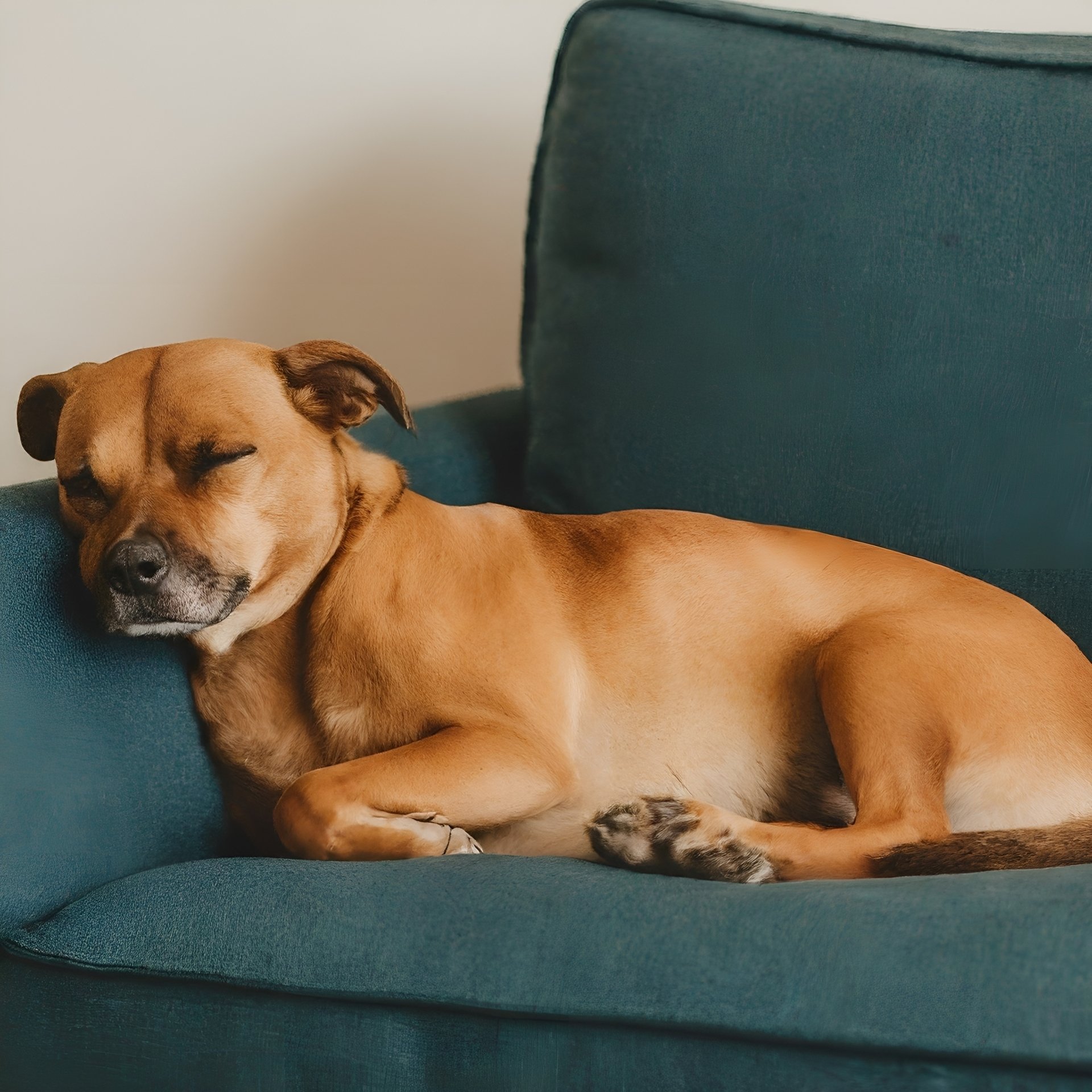 bulldog puppy, a dog sleeping on a sofa by MohammadTowhidulIslam