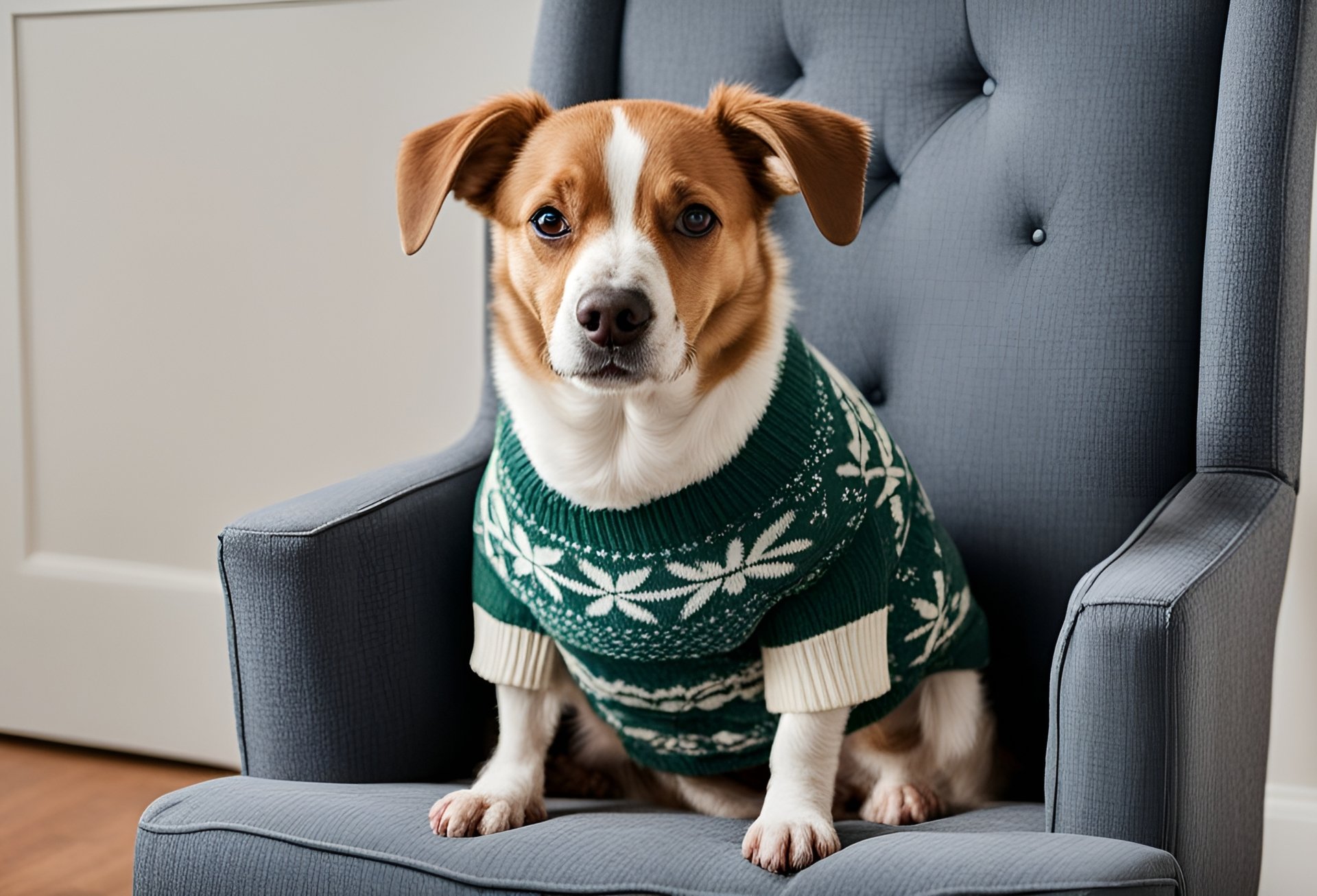 a dog sitting in a chair wearing a sweater by MohammadTowhidulIslam