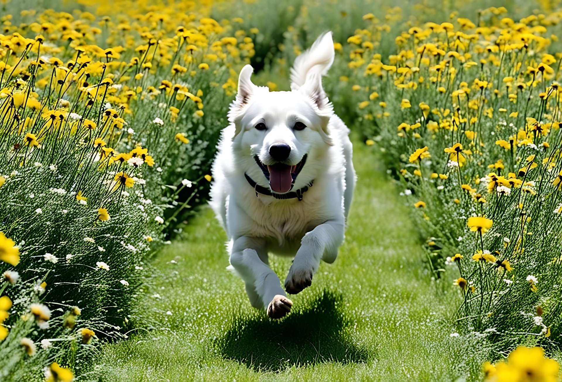 golden retriever running in the park, a dog running through a field of flowers by MohammadTowhidulIslam