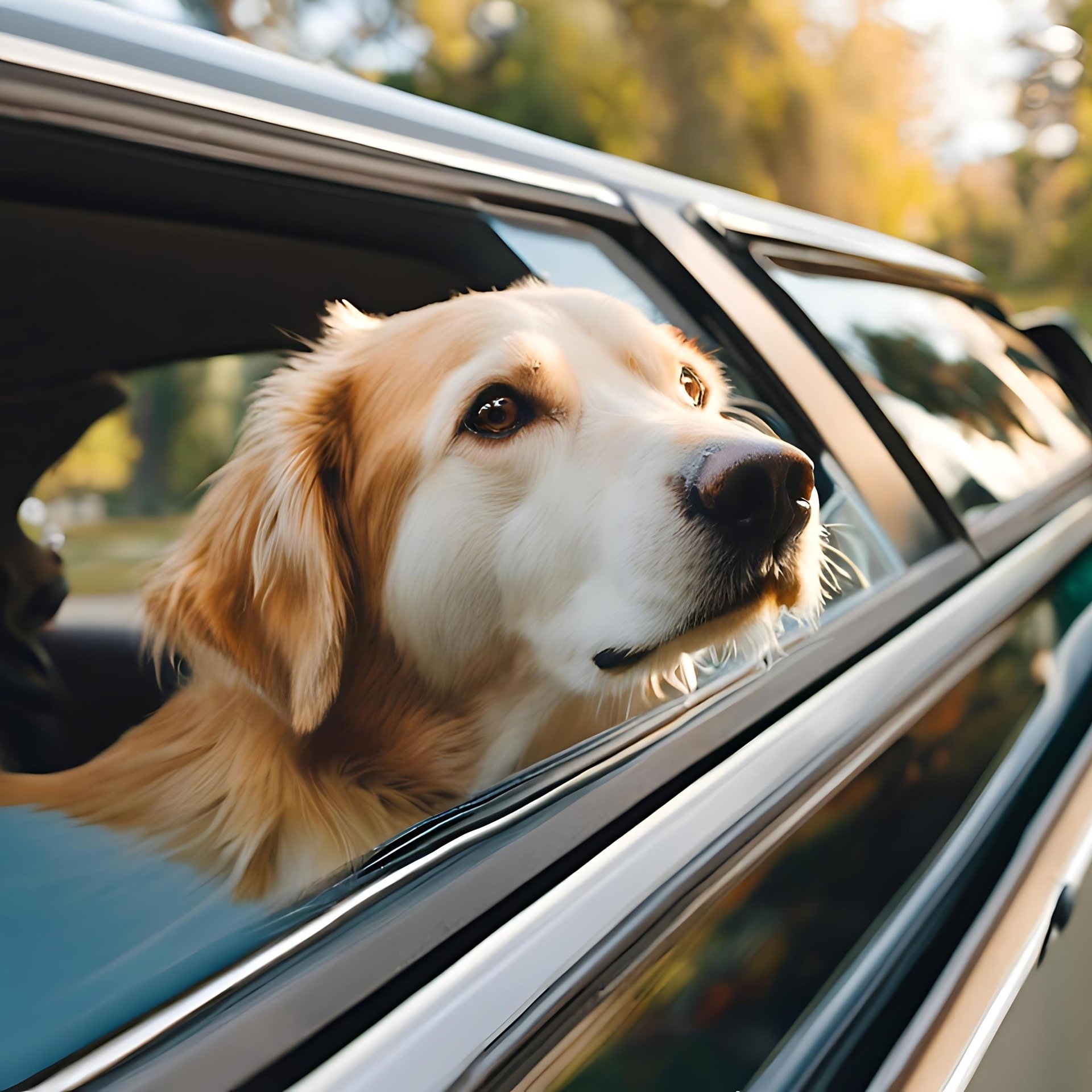golden retriever in car, A dog looking out of a car window by MohammadTowhidulIslam