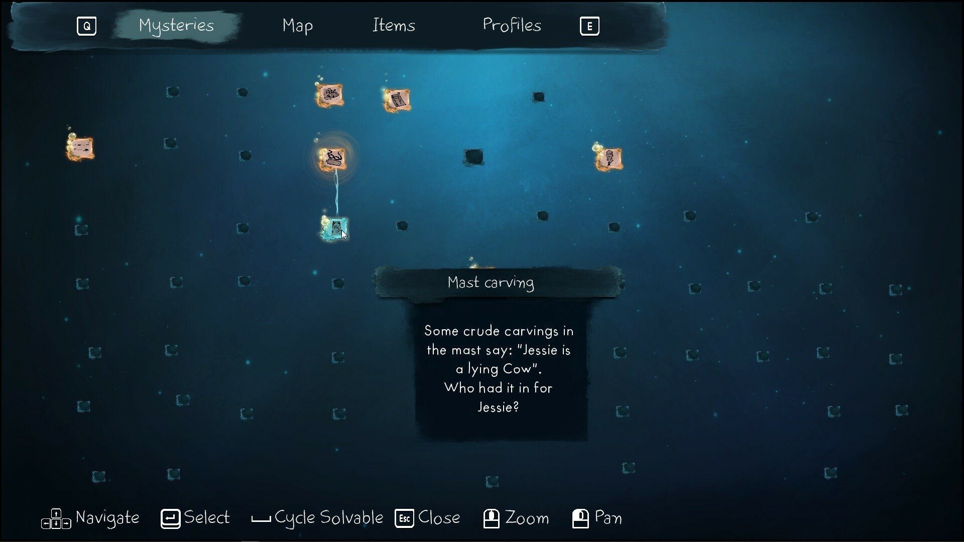 A screenshot from the video game Thalassa: Edge of the Abyss, featuring a map interface displaying mysteries and a note about a Vying Crow mystery quest.