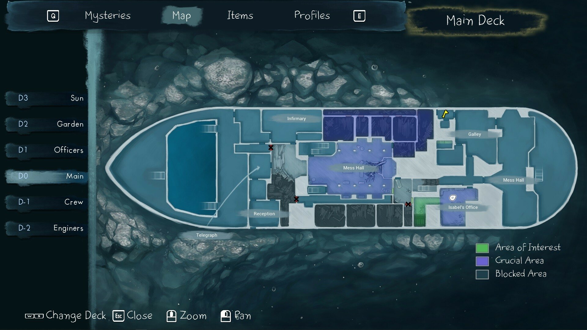 A detailed map of the main deck from the video game Thalassa: Edge of the Abyss, highlighting various areas including crew quarters and areas of interest.