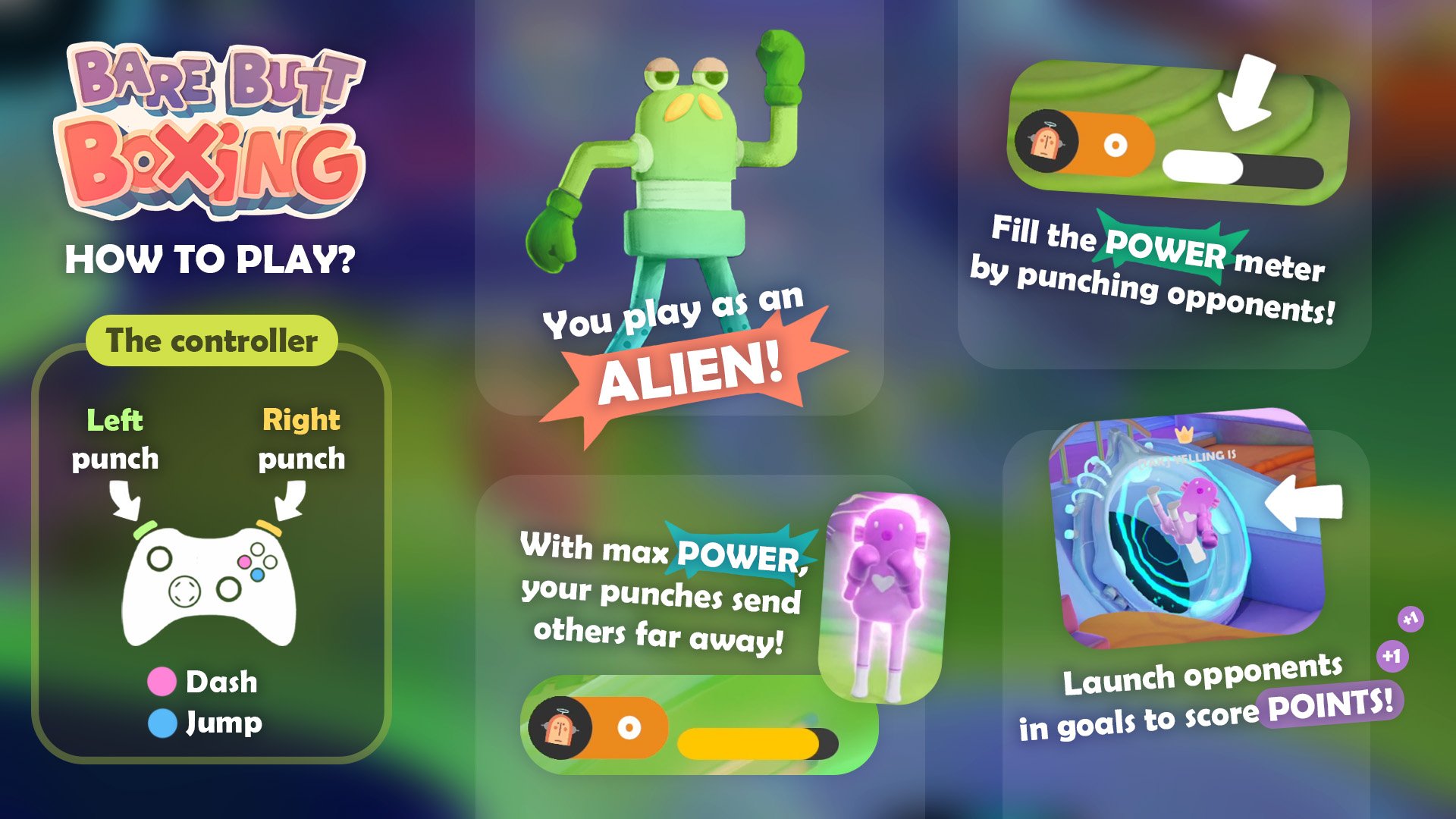 Instructions for playing Bare Butt Boxing, featuring a colorful alien character. Learn how to use the controller to fill the POWER meter and score points by launching opponents.