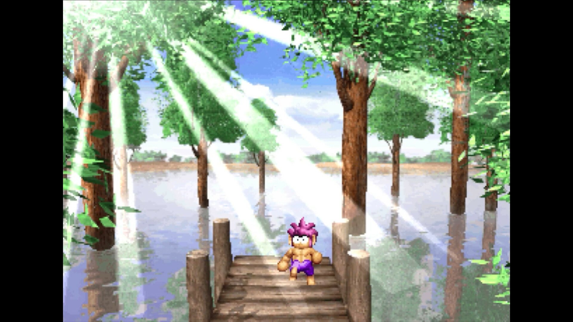 A vibrant scene from Tomba! Special Edition, featuring a character with pink hair standing on a wooden dock surrounded by lush trees and shimmering water, illuminated by bright sunlight.