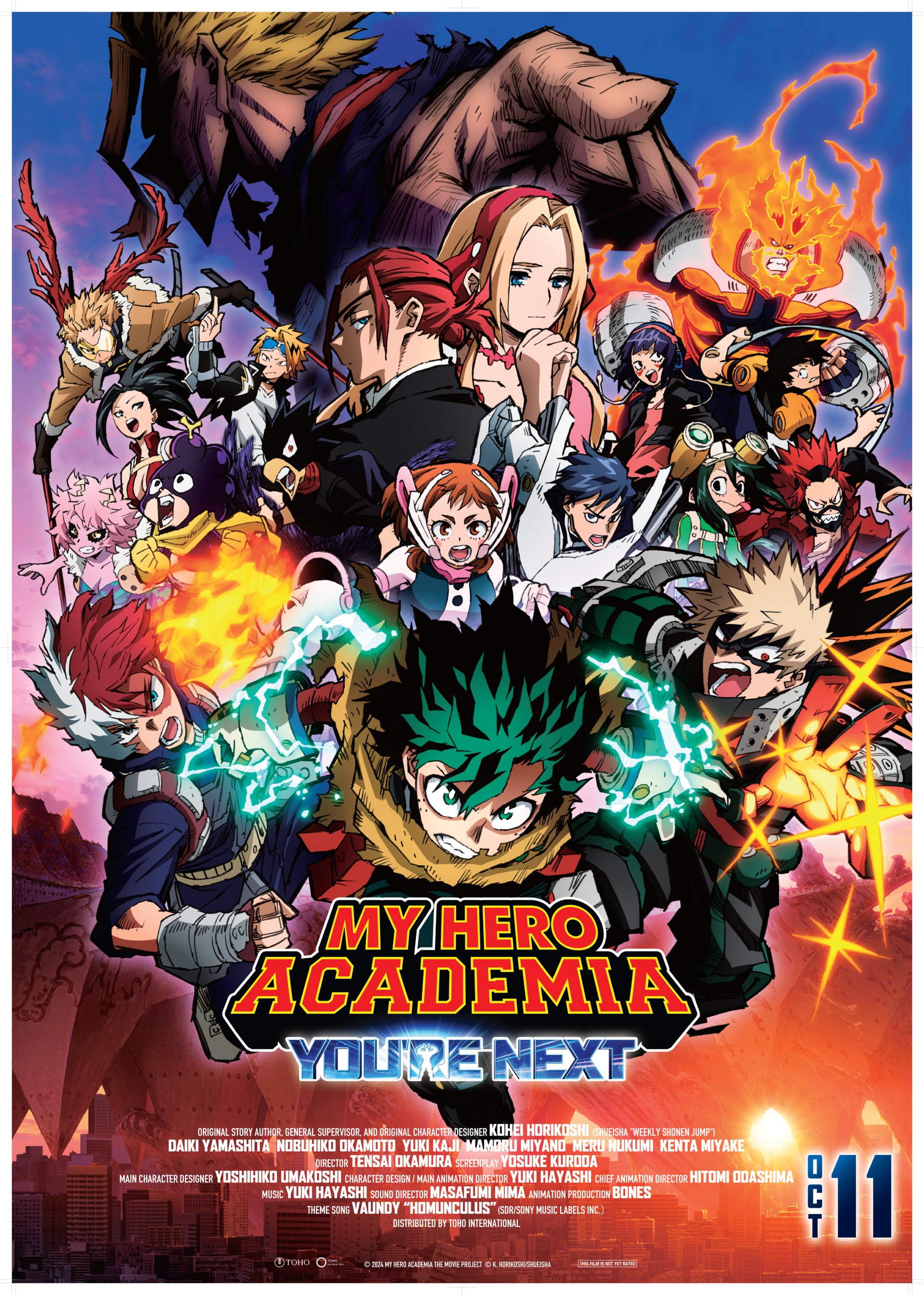 A vibrant promotional poster for My Hero Academia: You're Next, featuring a dynamic ensemble of characters from the popular anime in an action-packed scene.