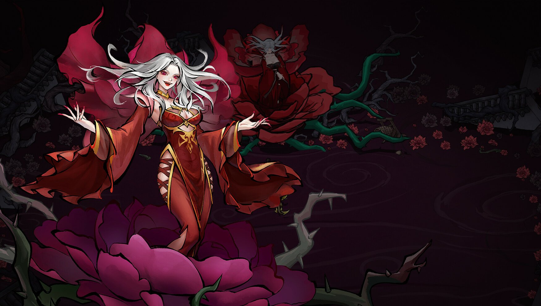 A mystical character in a flowing red gown, surrounded by vibrant roses and dark vines, embodies the enchanting world of the video game Realm of Ink.