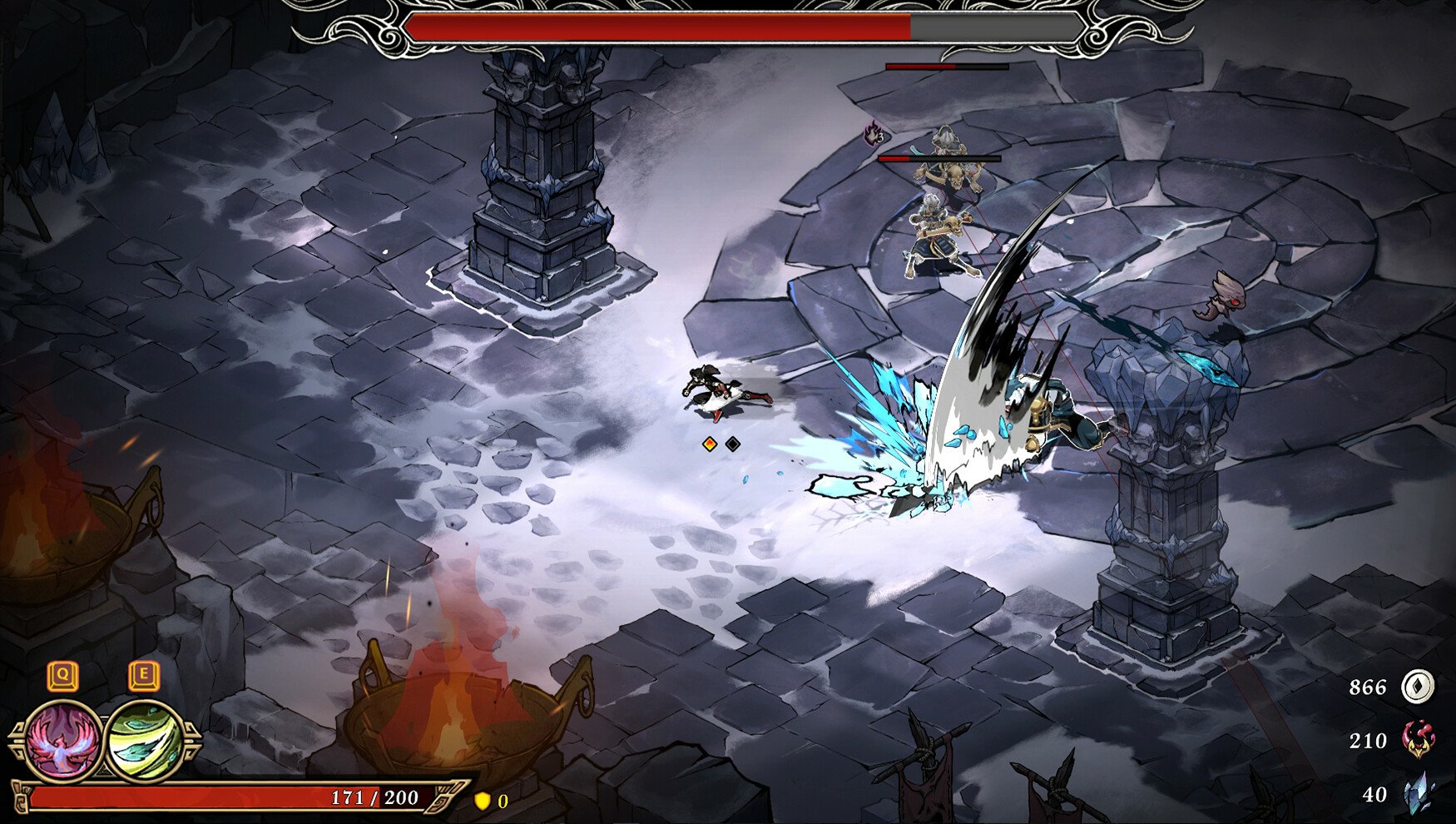 A dynamic scene from the video game Realm of Ink, showcasing a character engaging in battle amidst ancient stone ruins and magical effects in a fantasy setting.