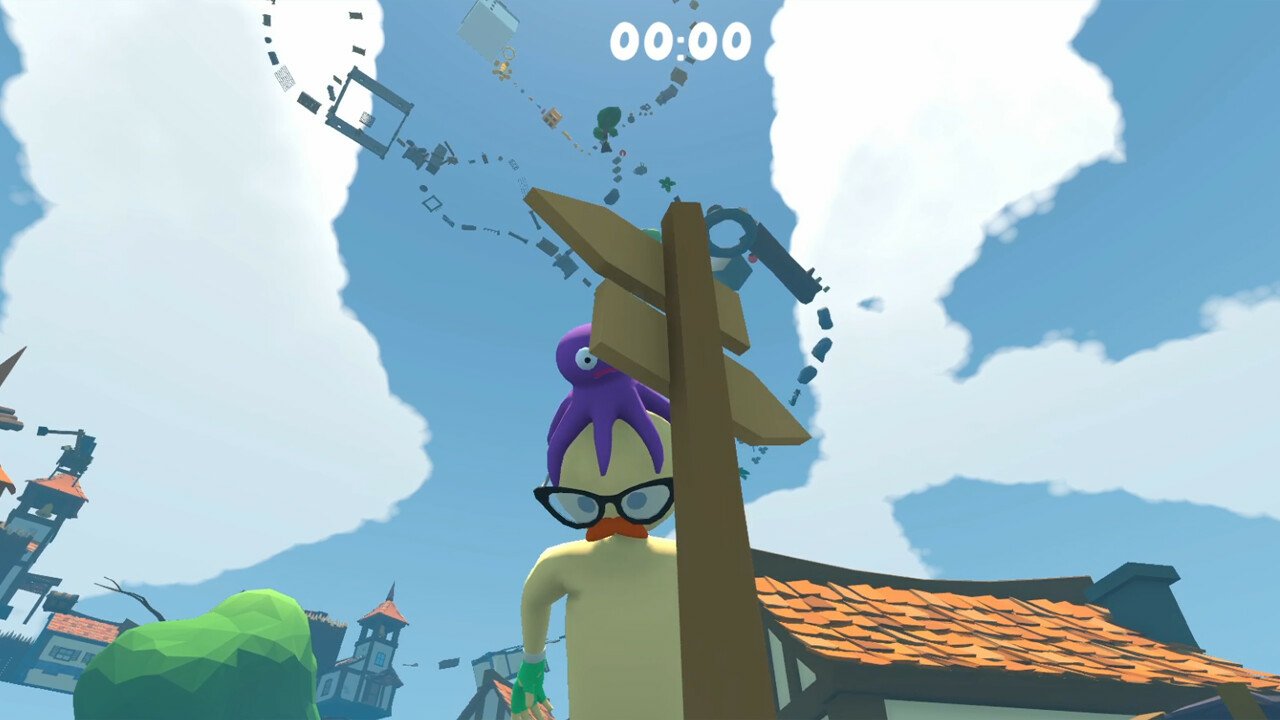 A whimsical video game scene features a character without pants, sporting purple hair and glasses, standing next to a directional sign against a vibrant sky.