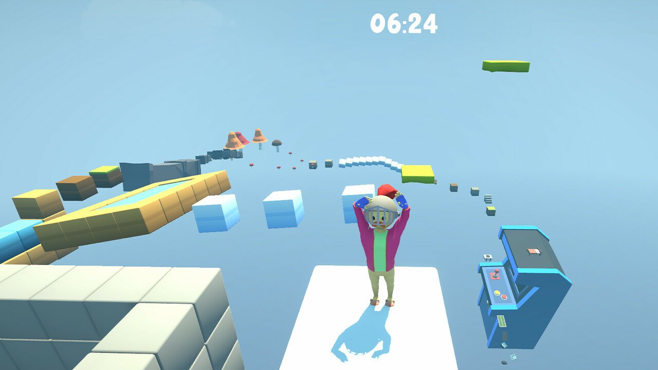 A colorful character in a video game stands proudly on a platform, pantless, with an engaging obstacle course and a timer counting down in the background.