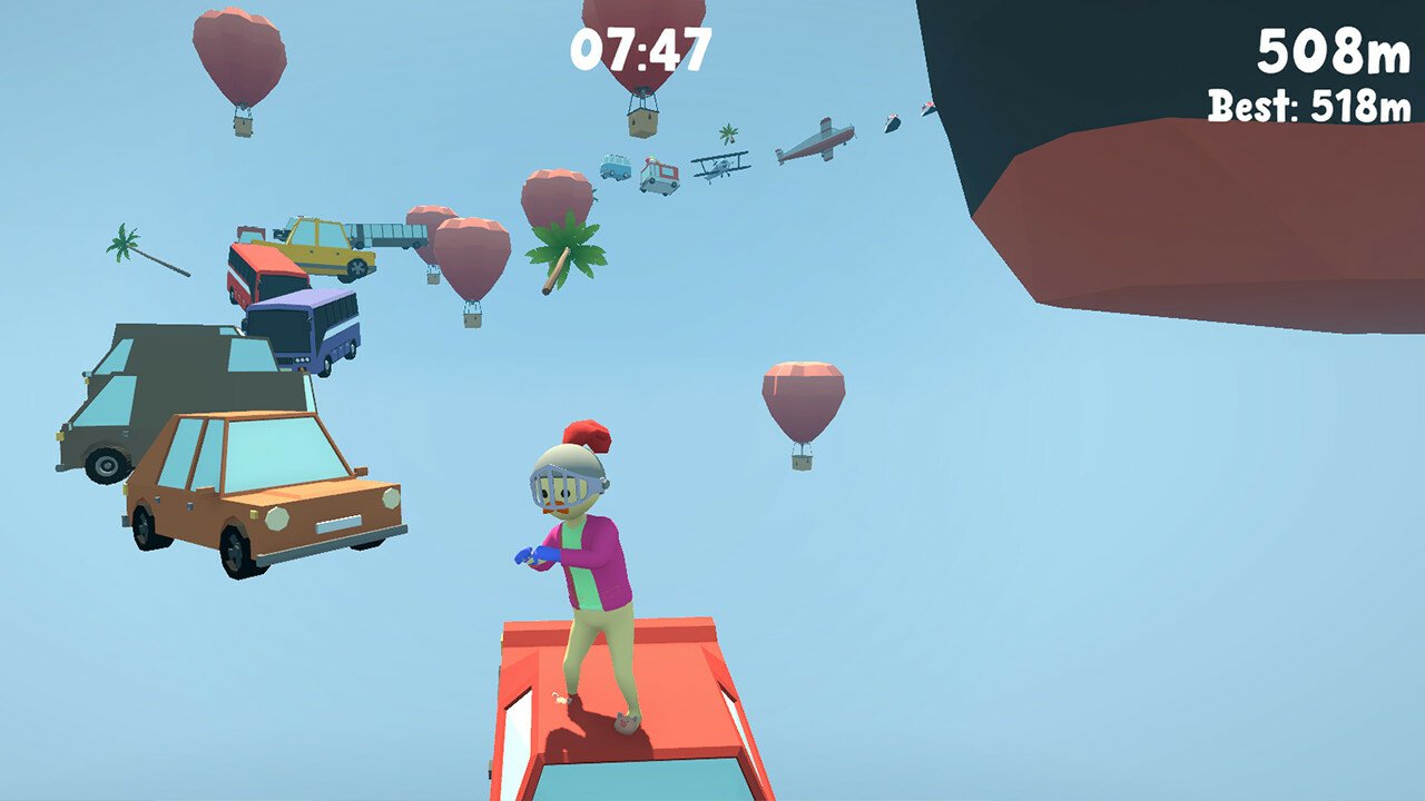 A playful video game scene features a pantless character on top of a car, surrounded by floating balloons and vehicles, with a timer indicating 7:47 remaining.