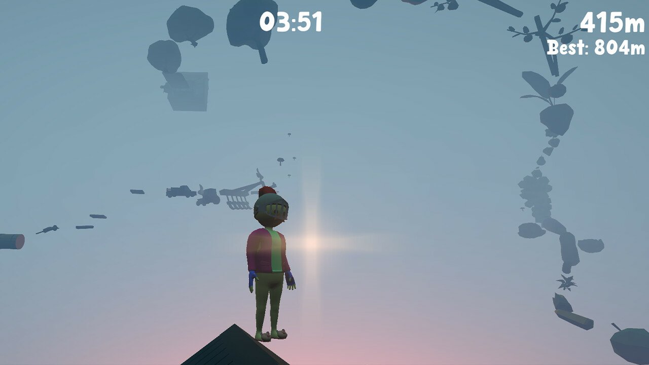 A character stands pantless on a peak in a colorful video game world, gazing at a distant horizon with floating objects and a glowing sun above. Game stats are displayed in the corner.