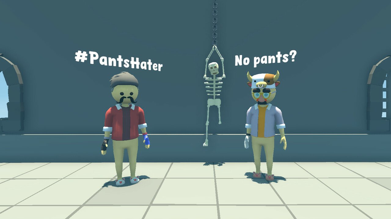 Two characters stand in a video game setting, one labeled #PantsHater and the other questioning No pants? A skeleton hangs in the background, adding a humorous twist.